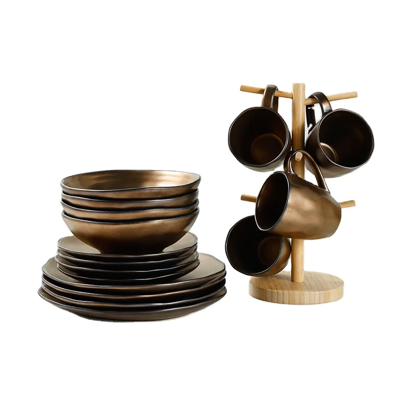 Luxury Gold Porcelain Dishes & Plates European Nordic Rustic Ceramic Mug Wedding Soup Bowl China Dinnerware Sets 24