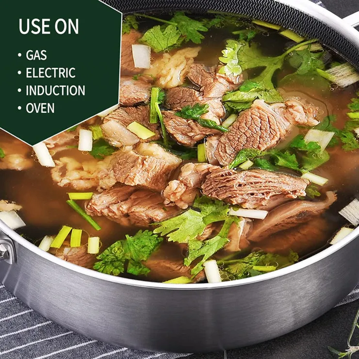 Dishwasher and oven safe 5 QT 3-ply stainless steel saute pans with comfortable double handles and stainless steel lid