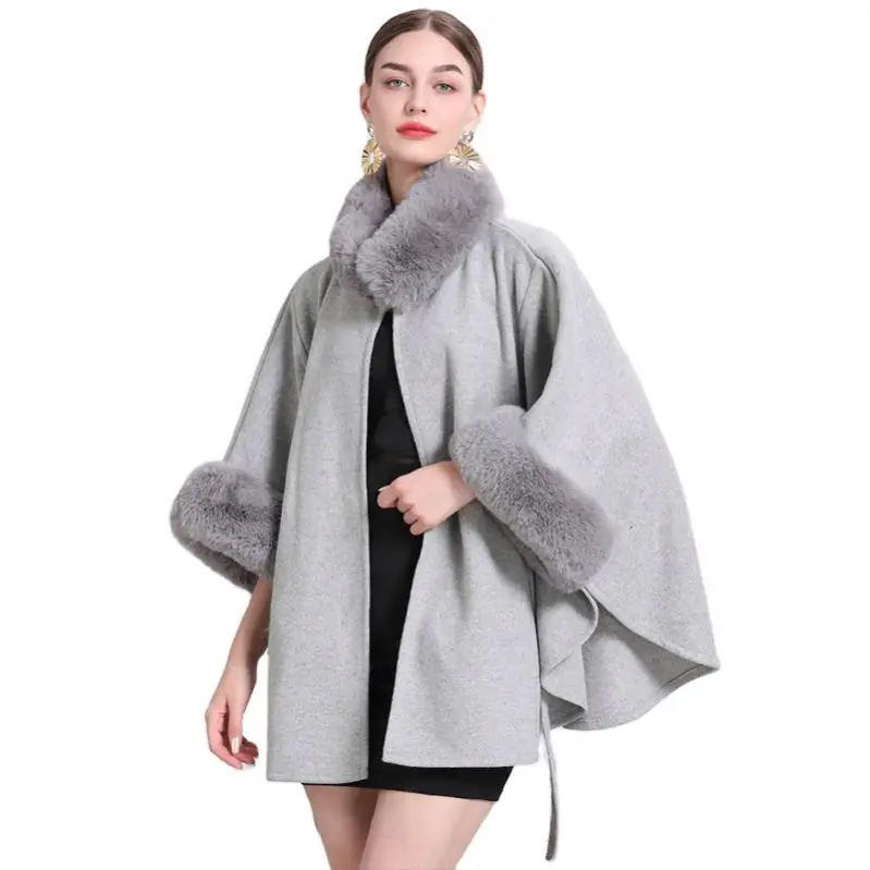 New Design Women Wool Capes High Fashion Faux Fur Shawls Fur Collar Lady Winter Ponchos