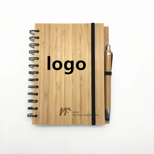 fsc eco friendly bamboo notebook recycled paper spiral wood wooden cover notebook custom spiral  journal diary planner with pen