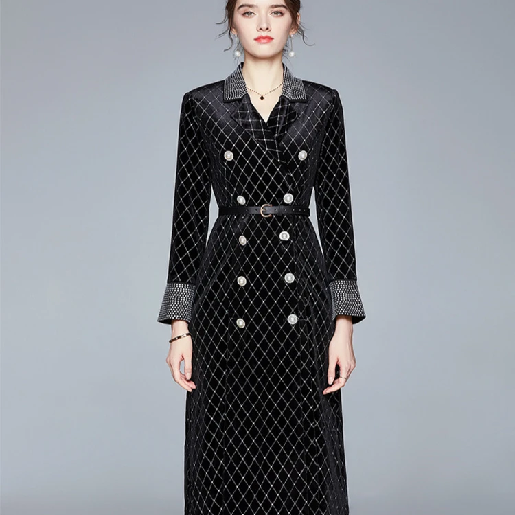 Spot New Products Elegant Casual Wear Temperament Fashion Retro Double-breasted Copper Button Plaid Windbreaker Jacket