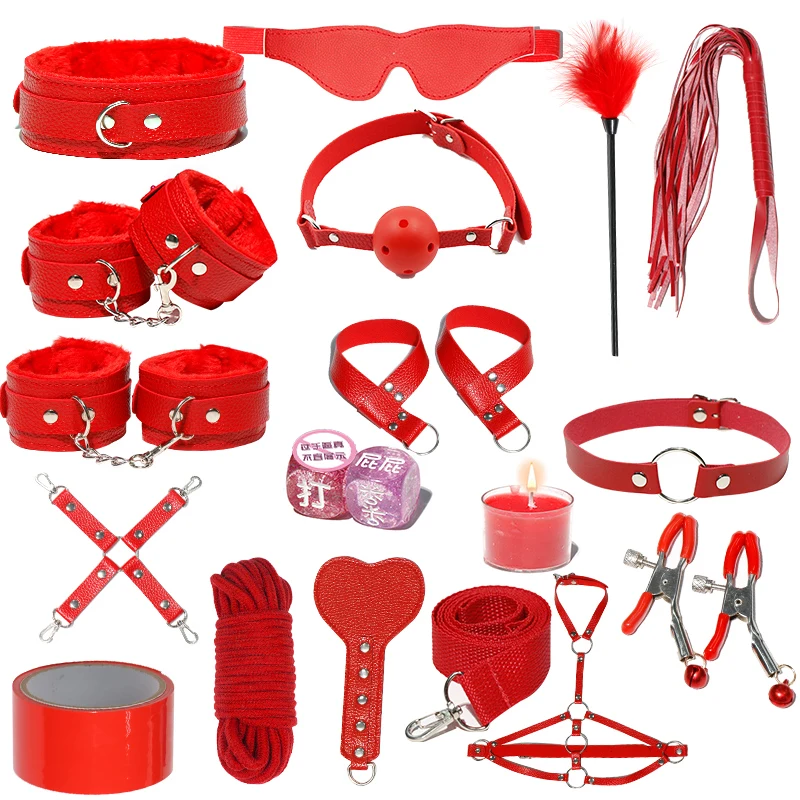 BDSM 17 PCS Kit for Sex Bondageromance Bondage Restraint Adult Sex Toy Blindfold Leather Wrist Handcuffs Set