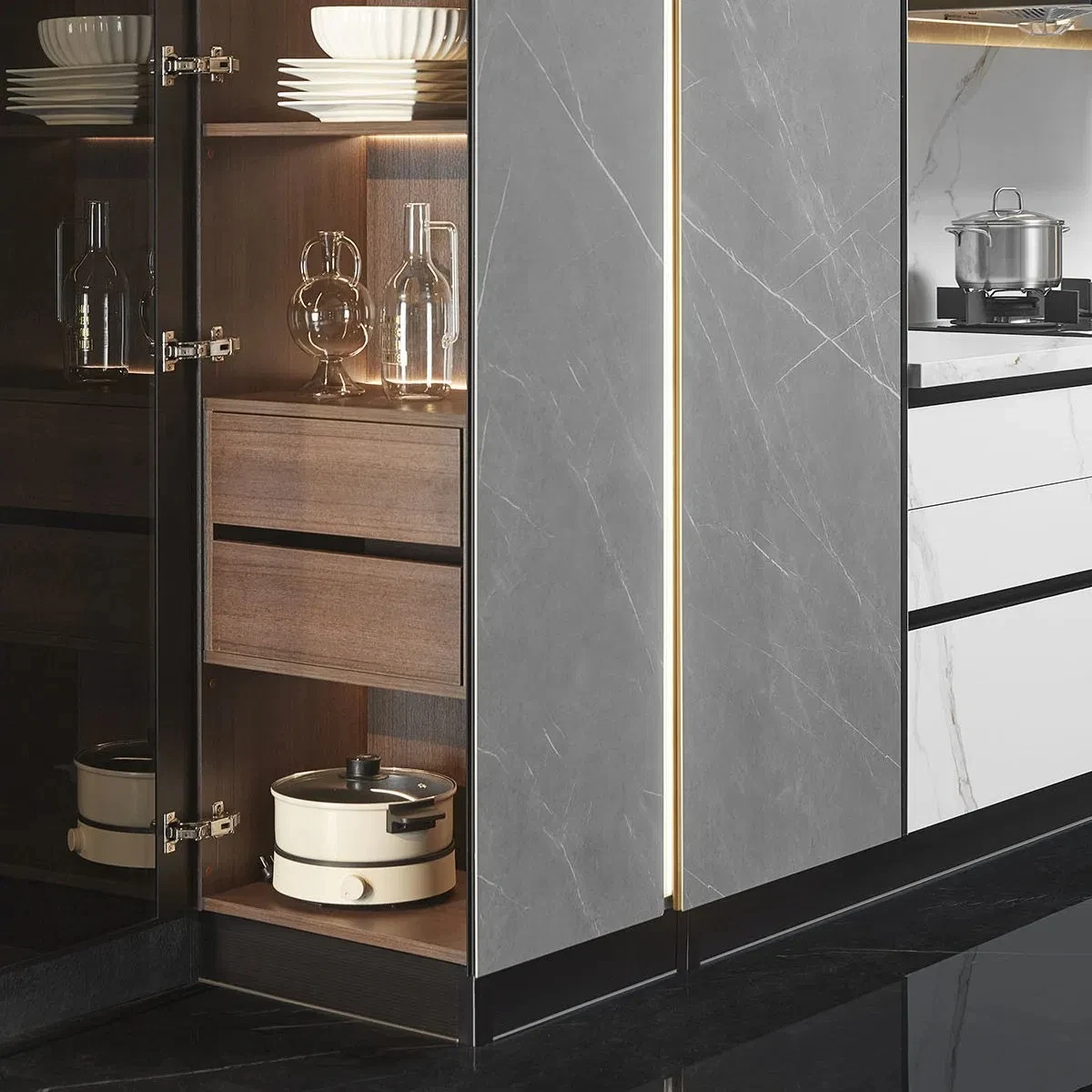 Solid Wooden Wholesale Custom Modular Cuisine Equipment Hutch Flat Pack American Modern Storage Home Kitchen Cabinets