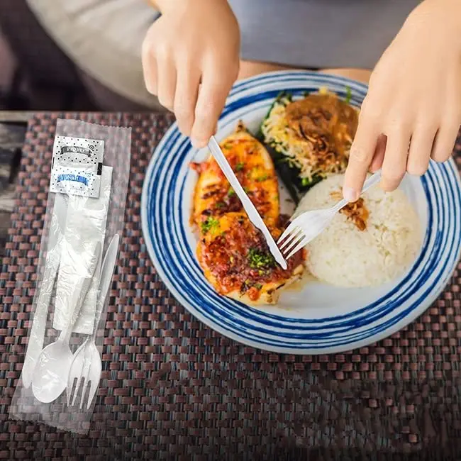 Party Essentials Individually Wrapped Black Plastic Cutlery Packets Heavy Duty 6PCS Cutlery Combo