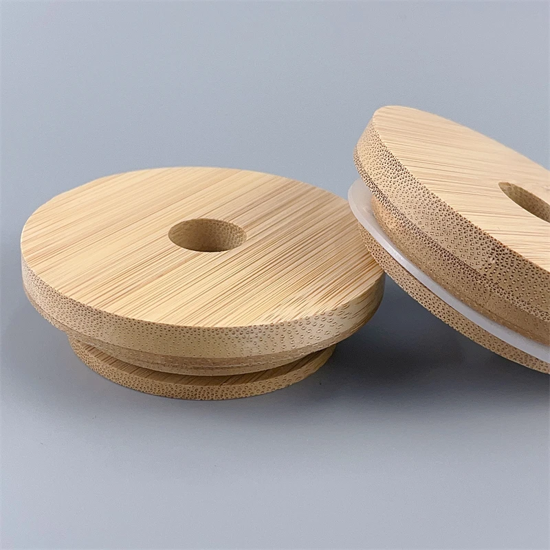 wholesale 70mm Durable Drink Jar Mason Jar Lids 86mm Wooden Bamboo Lid With Straw Holes