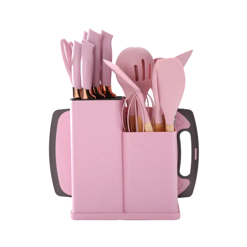 Online Hot Sale 19pcs wood handle silicone kitchen utensil sets with storage holder cooking tools