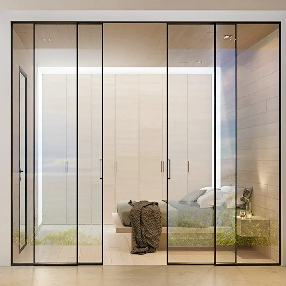 Modern Interior Glass Sliding French Door Matte Black Slim Frame Aluminum Sliding Door Villa Office House Home Glass Door