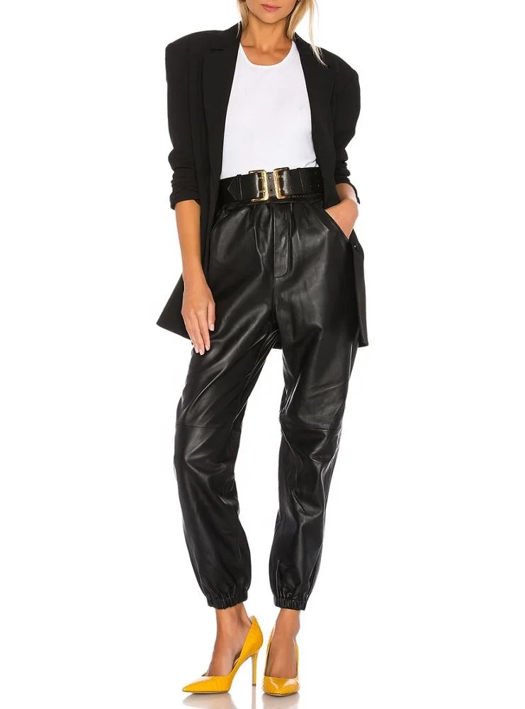 Custom made women & ladies black pu leather or genuine leather jogger pants dongguan manufacturer