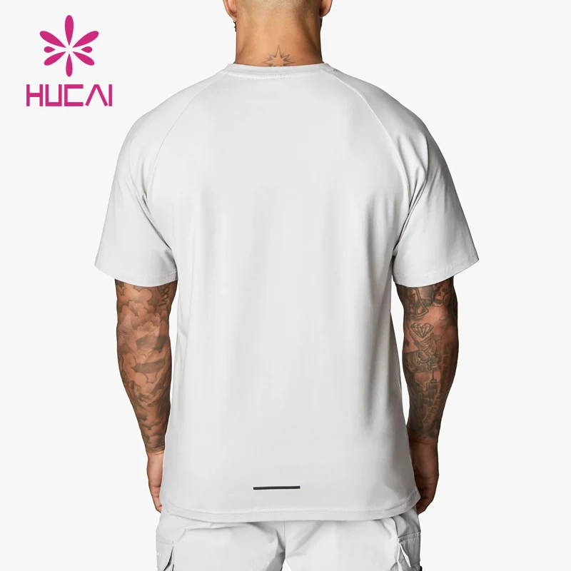 HUCAI Custom 95% cotton spandex Crew neck short raglan sleeve Relaxed fit training gym t shirt for men