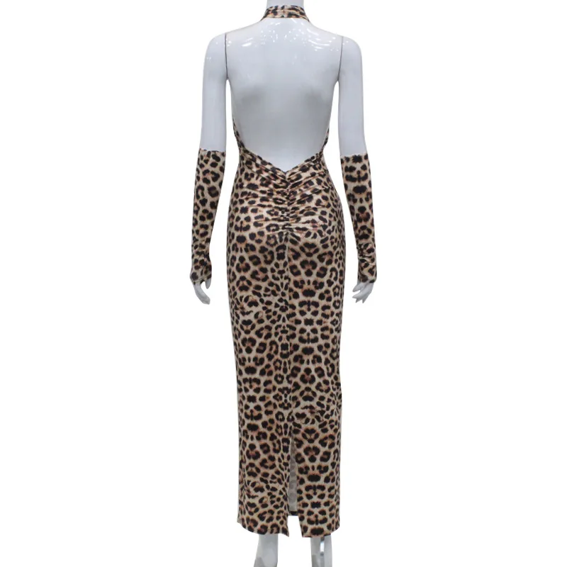Sexy Summer Female Leopard Print Halter Neck Cross Hollow Dress Two-piece Model Stage Costume Can Be Customized