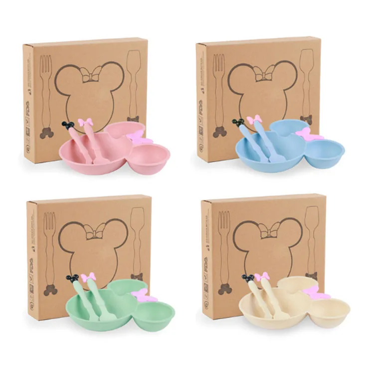 2020 Лидер продаж на Amazon, заводская цена, комплект посуды из бамбукового волокна с животными для детей, чашка, вилка, ложка, пшеничная солома, наборы посуды