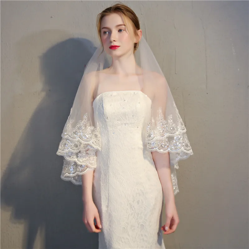 
2020 New Arrival 2-layer Wedding Veil Sequins Lace Bridal Veil with Comb 