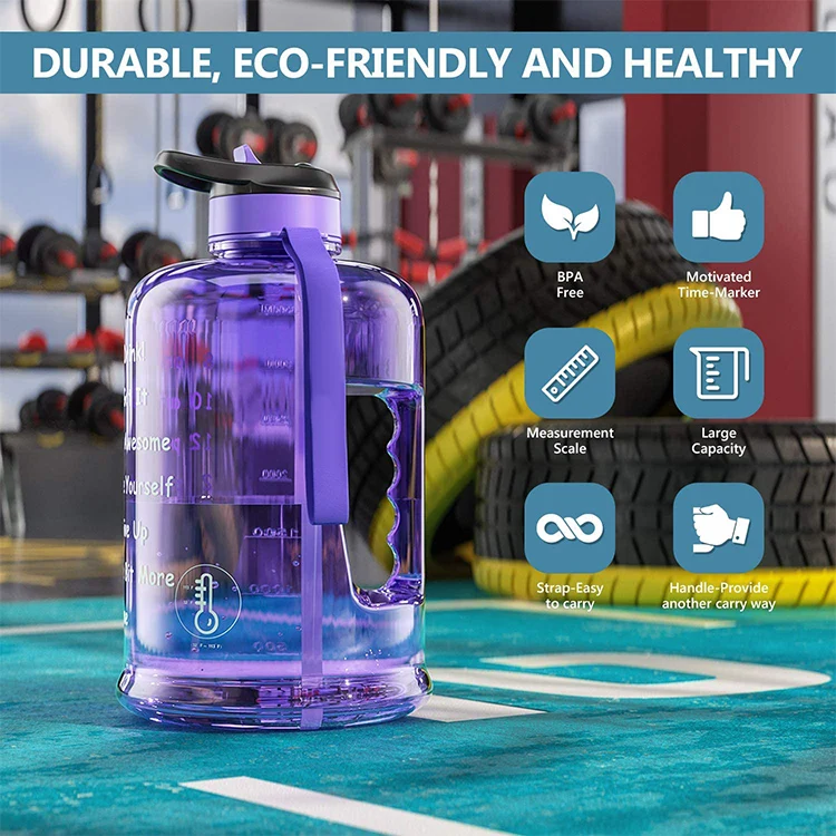 BPA Free 128oz 2.2L Strap-Easy to Carry Motivated Time Marker Hard Plastic Water Drinking Bottles With Straw