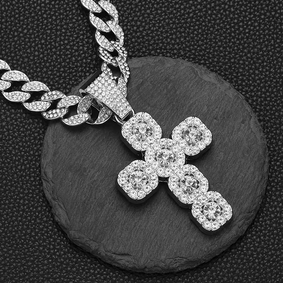 Hip hop Rapper Jewelry Cuban Cubic Zirconia Iced Out CZ Cross Pendant Necklace Cuban Link Chain