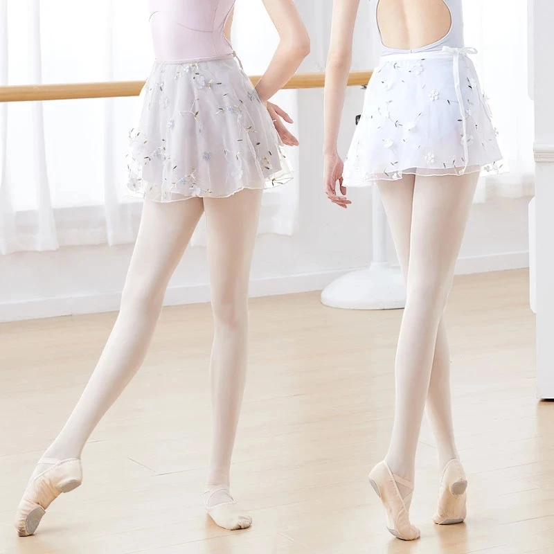 Women Ballet Skirt Embroidery Floral Chiffon Wrap Dance Skirt
