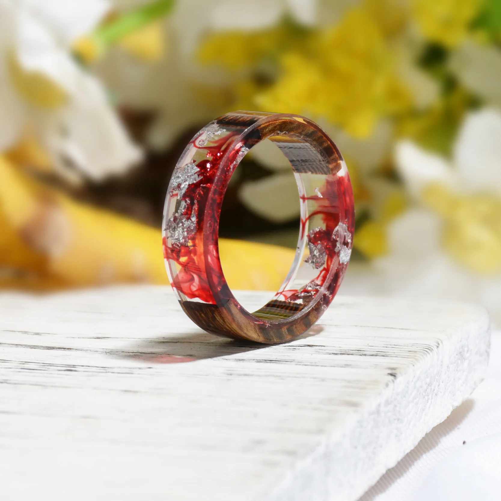 Women Men Party Wooden Round Rings For Men Vintage Clear Wood Resin Handmade Dried Flower Epoxy Rings Secrets Wood Ring Jewelry