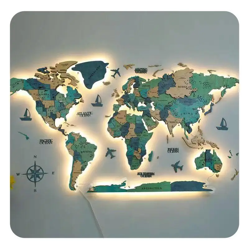 Hot Selling Brown Color Wood Map Home Art Layered LED Wall 3D Wood World Map With light  Housewarming Gift Wall Art Decor