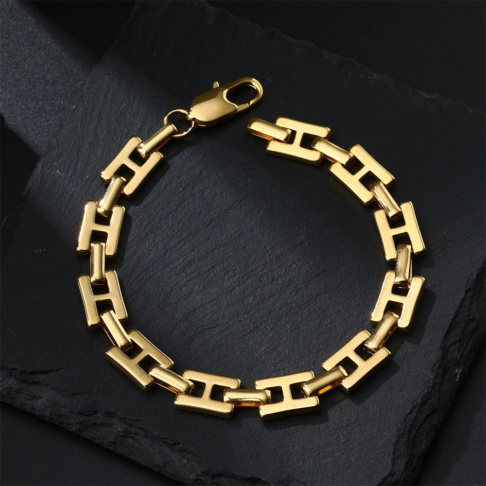 Non Tarnish 316L Stainless Steel Chunky Link Bracelet Hip Hop 18K Gold Plated Curb Coffee Bean Chain Cuban Bracelets For Men