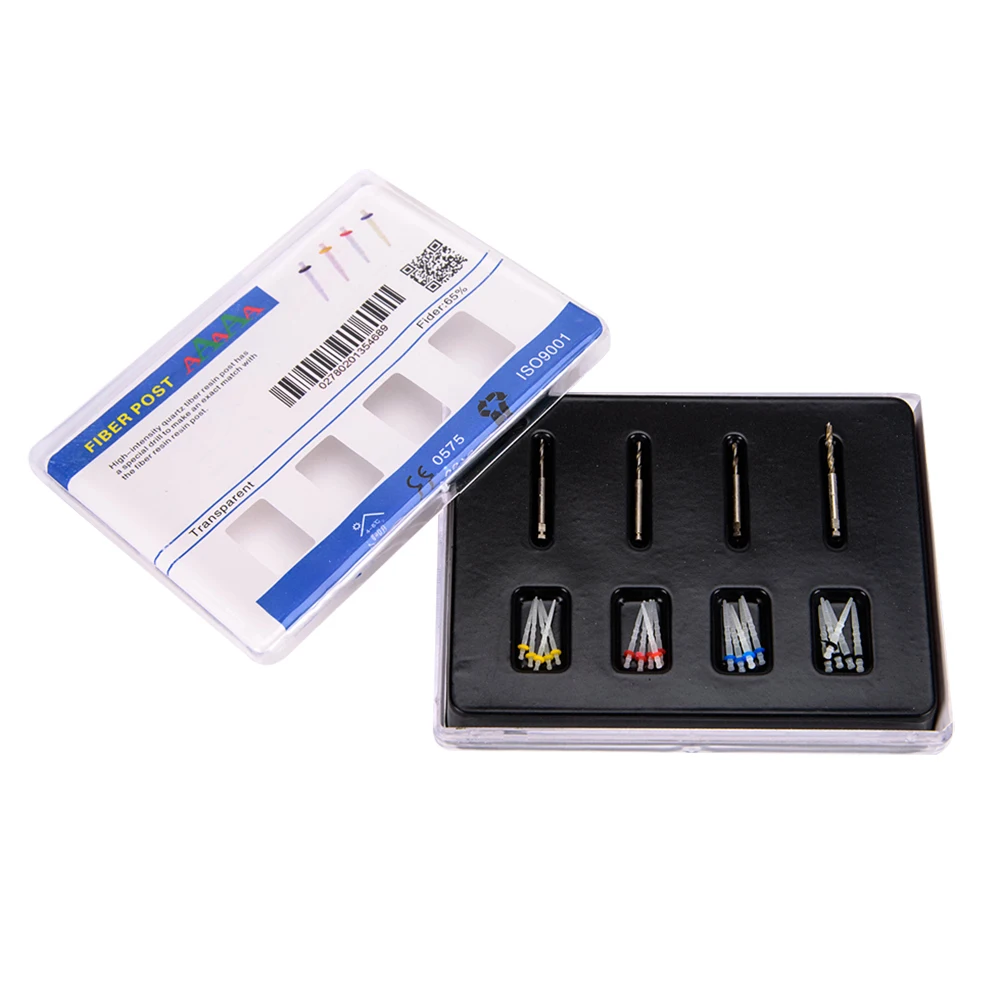 Dental Glass Fiber Post with Drill Screw Kits 4 Sizes x 5 Posts + 4 Drills