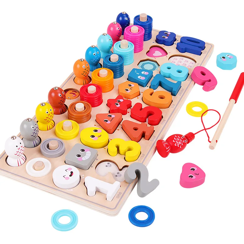 
Wooden Magnetic Puzzles 5-in-1 Color Alphabet Shape Number Sorting Fishing Game Toys Educational Math Stacking Block for Kids <span style=