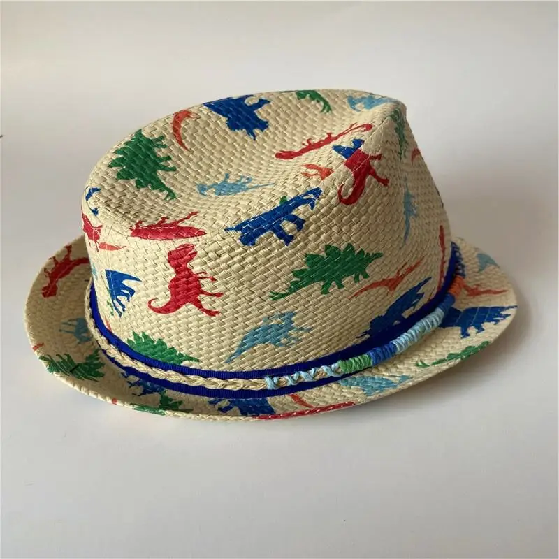 Wholesale Custom Print Cartoon Dinosaur Pattern Sun Protection Straw Visor Hat Panama Woven Straw Hats Unisex Kids Straw Hat