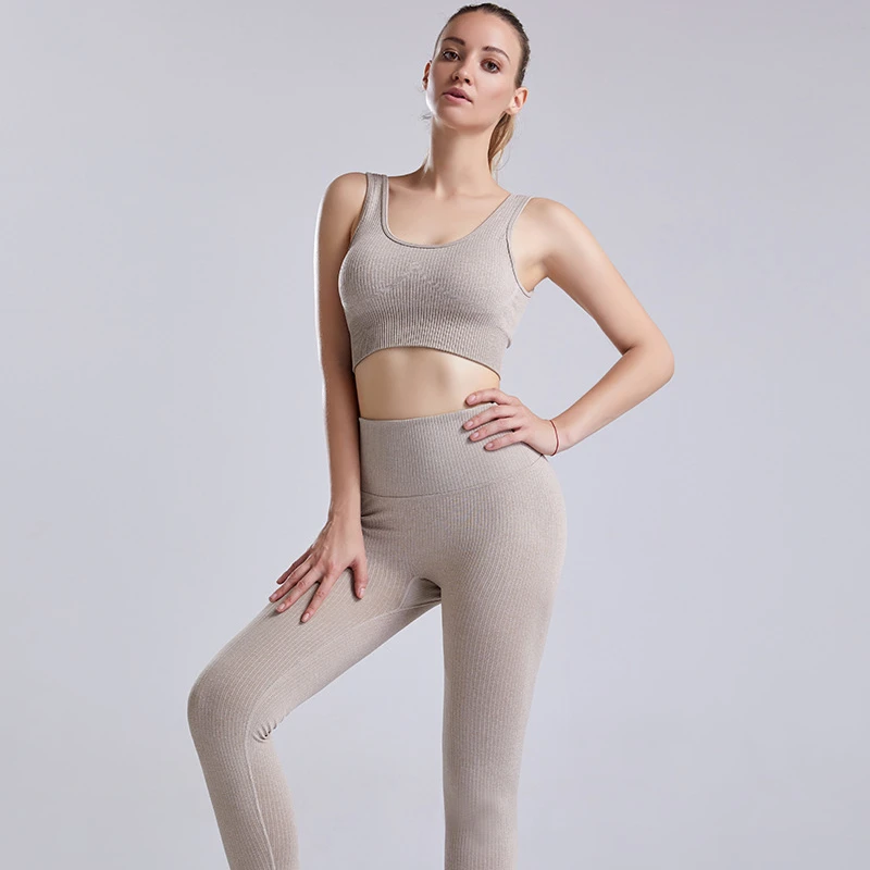 Активный Бесшовные высокая талия двойка леггинсы и топ для фитнеса, бесшовные набор для йоги