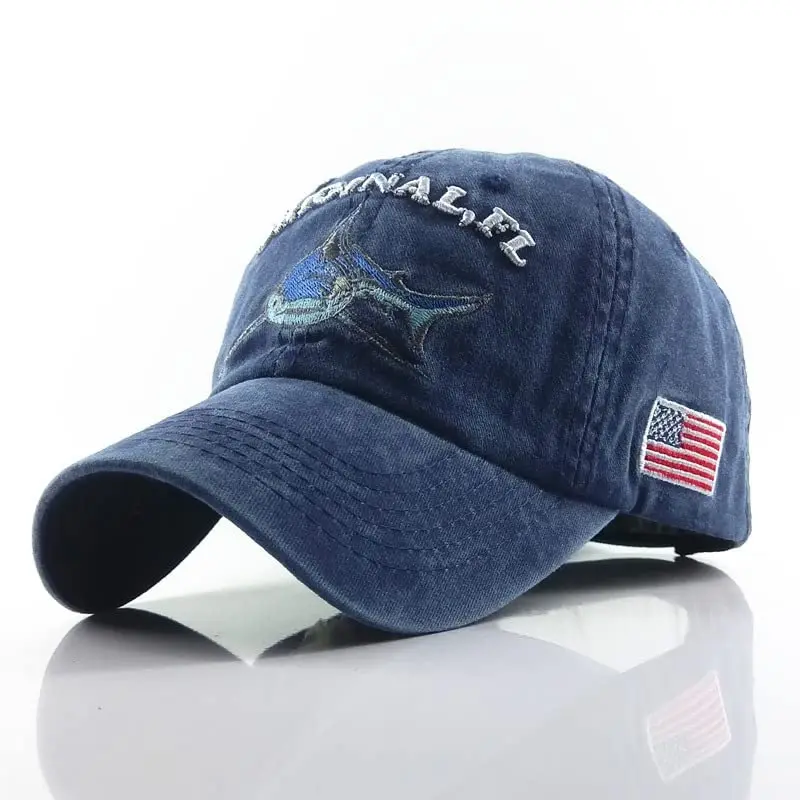 Shark Distressed Vintage Cotton Embroidered  Denim Hat Adjustable Washed Sports Snapback Baseball Cap for Men Women