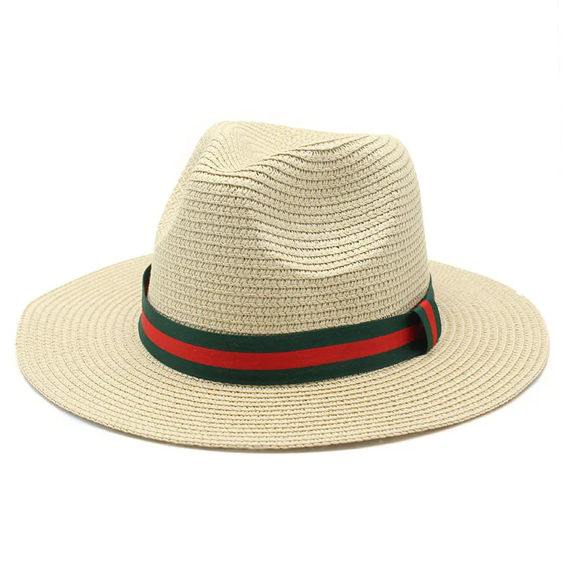 Custom Women Men Summer Sun Shade Hat Green Red Striped Ribbon Decorative Paper Straw Fedora Hat