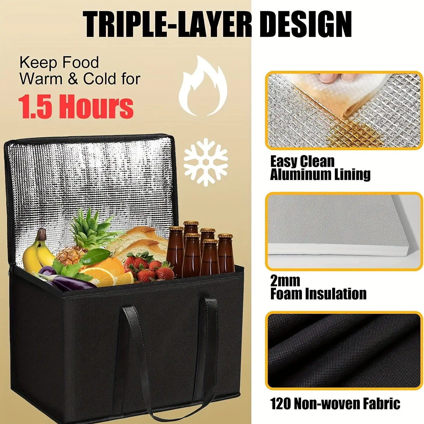 Foldable Reusable Insulated Grocery Bag Tote Food Delivery Bags Lunch Cooler Bag for Shopping and Camping