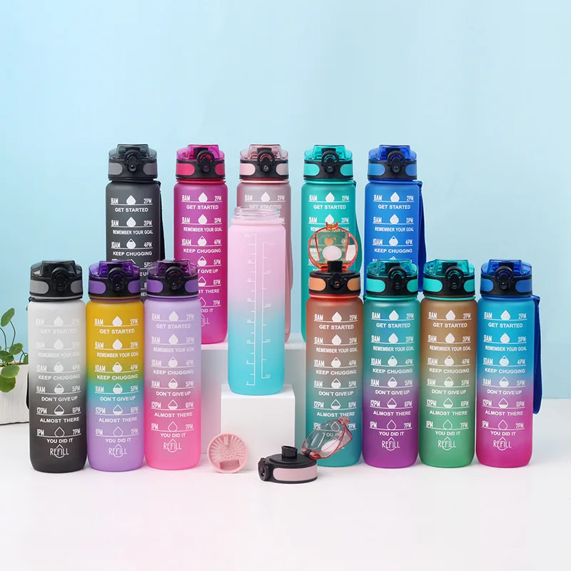 Wholesale gradient color 1l 32oz plastic water bottle Motivational Drinking Sports Water Bottle with time marker