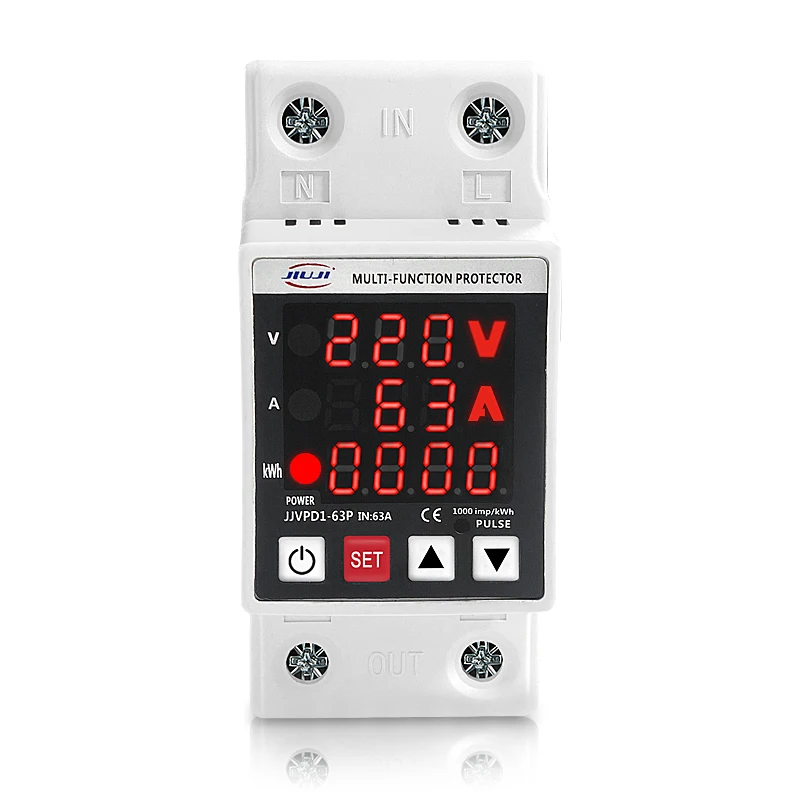 63A 230V Din rail adjustable over and under voltage protective device protector relay with current protection kwh energy merter