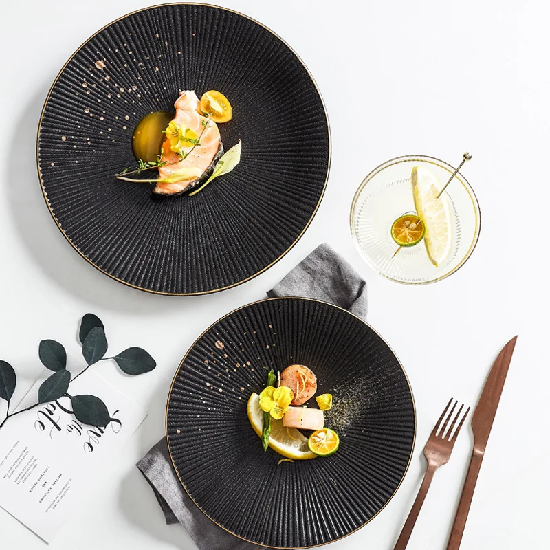 Керамическая обеденная тарелка, тарелки для праздничного стейка, блюда с золотым краем, одноразовая посуда, посуда, тарелка для пасты и соуса