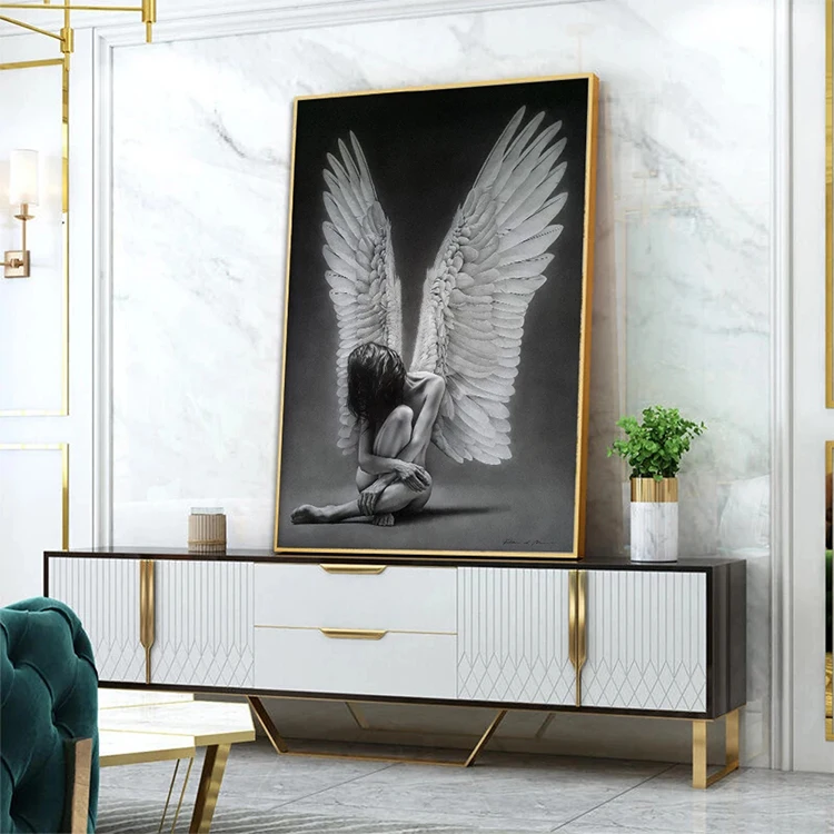 Home Decor Sexy Naked Angel Girl Canvas Painting Black White Figure Posters and Prints Wall Art Picture Canvas Painting