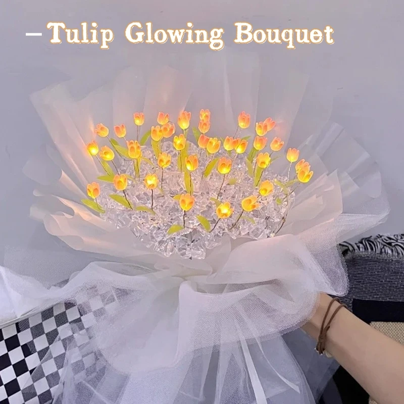 Home Decoration Tulip Glowing Bouquet with Light LED Forever Acrylic Artificial Flowers DIY Handcraft Tulip Bouquet Night Light