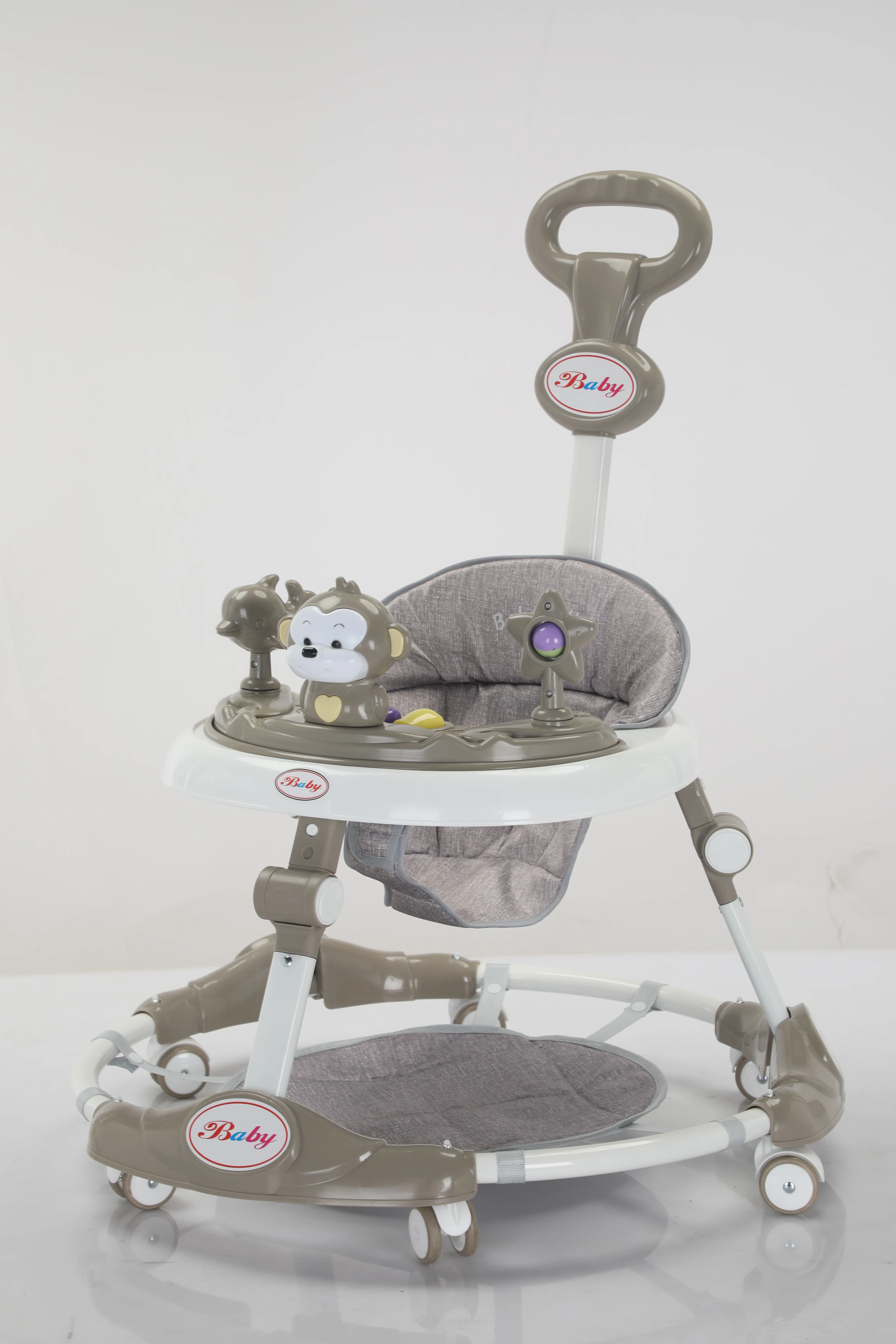 Multifunctional Anti-Rollover Baby Toy Soft Linen Seat Tricycle Infant Walker with Push-able Stroller for Children Plastic Frame