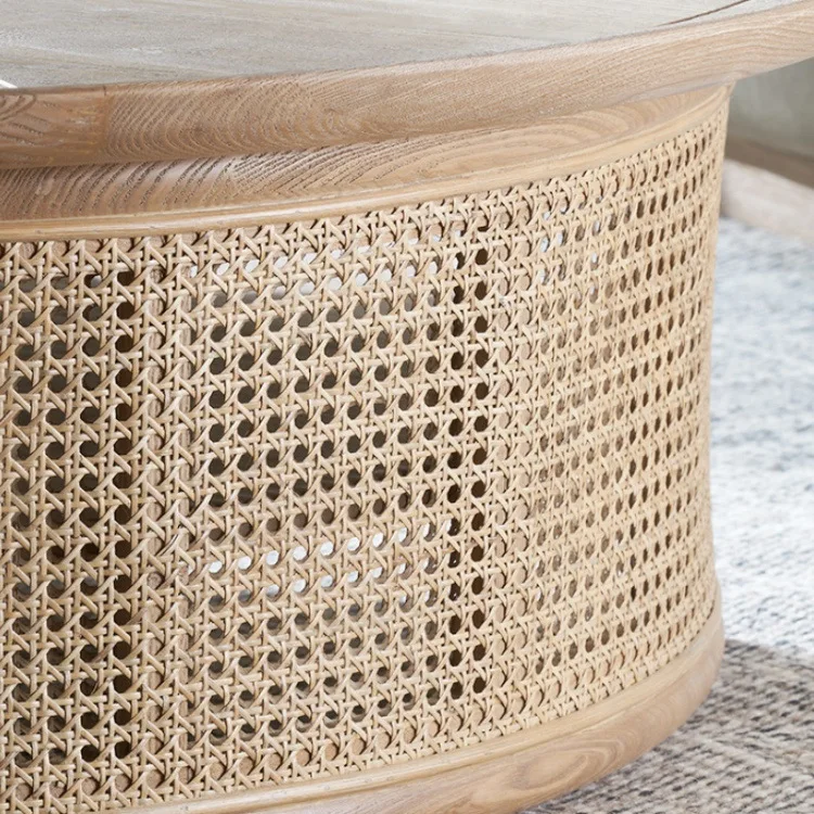 Newest Design Japanese Living Room Round Coffee Table With Storage Solid Wood Frame Rattan Tea Table