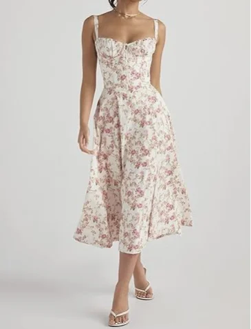 Floral Bustier Midriff Waist Shaper Dress, Print Bustier Sundress Sundresses for Women Slit Long Printed Dress