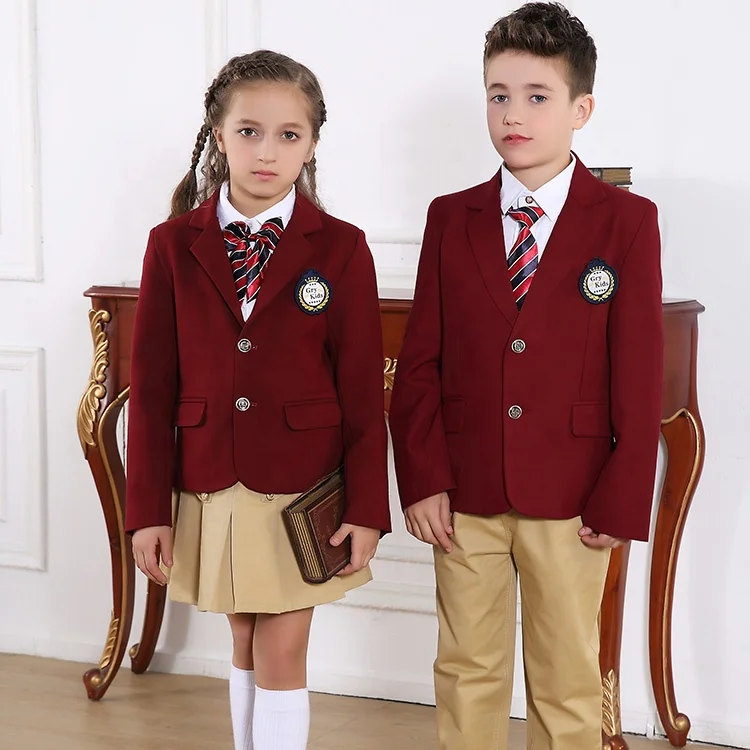 Factory Wholesale  Primary and Kindergarten Boys and Girls School Uniform Burgundy Blazer Set