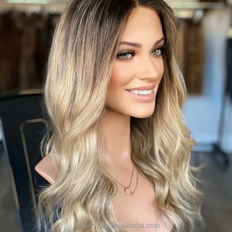 European Human Hair Wigs Ombre 1b/613 Blonde Body Wave Pale Platinum Balayage Color Lace Front Wigs for Women