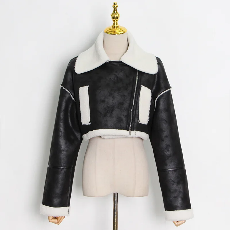 JL193 Womens Winter Clothing Fleece Collar Motorcycle Thick Warm Short Coat Leather With Faux Fur Coat