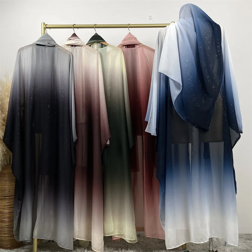 67501#B Fashion Shiny Starry Sky Gradient Color Cardigan With Long Hijab Muslim Women Classy Abaya 2 PCS Set