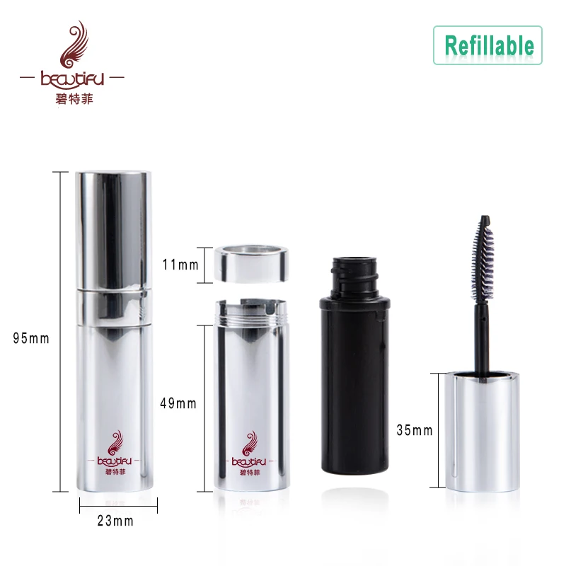 Shiny silver refillable PCR plastic mascara packaging container tube bottle with aluminum shell