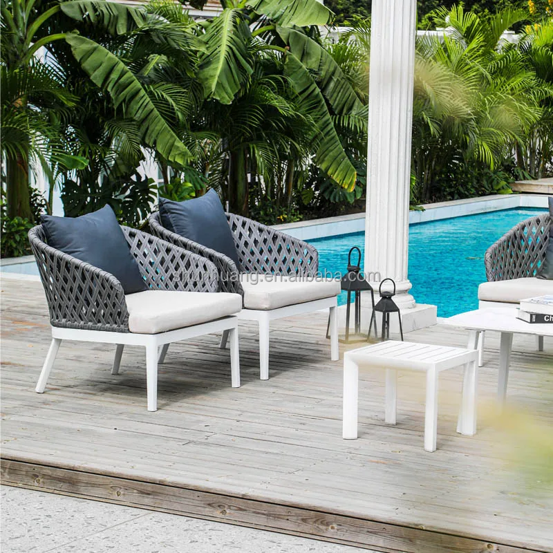 High-end market modern outdoor aluminum rope sofa set waterproof soft gray cushion for poolside leisure sofa set furniture