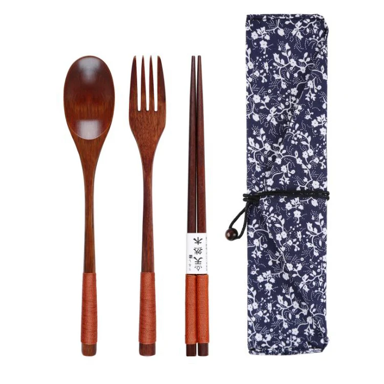 Лидер продаж amazon 2019, оптовая продажа, набор деревянных палочек, ложек, вилок, набор дорожных деревянных столовых приборов в японском стиле с сумкой из лески