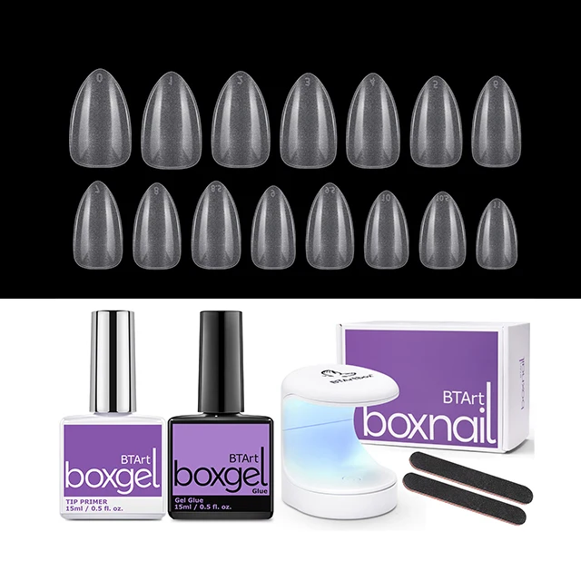 BTartbox UV Lamp Gel Glue Nails Tips Kit Acrylic XL NO C Curve Almond Nail Tips Fake Nails With Glue