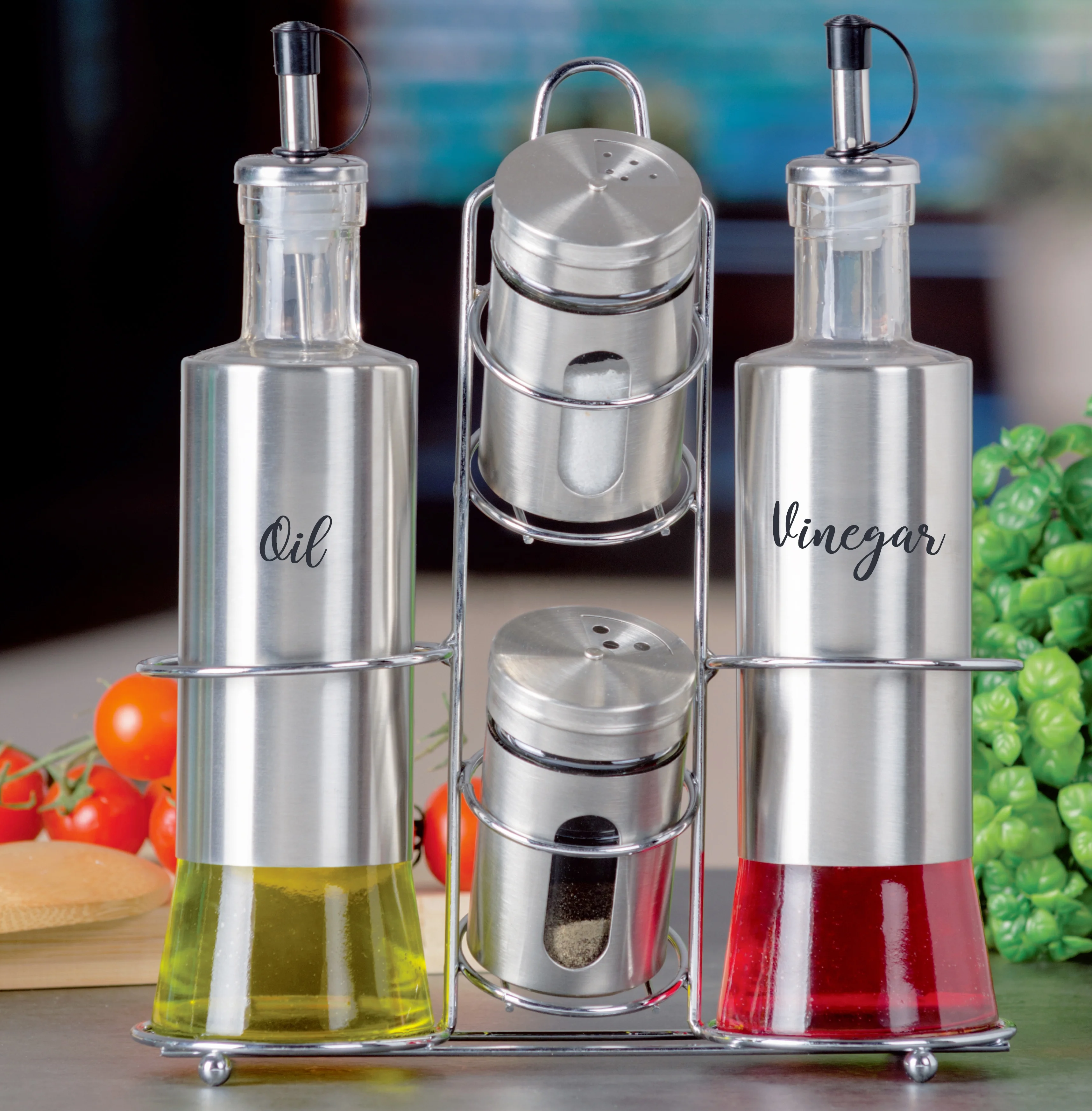 4Pcs Seasoning Stainless Steel Spice Jar Set With Metal Rack For Vinegar And Oil Kitchen Storage Glass Spice Jar rack Set