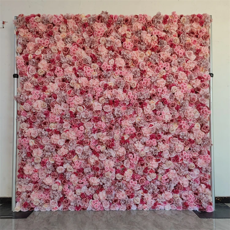 2024 New Design Panel Decor Artificial Flower Wall for Wedding Decor 3D Roll Up Fabric Cloth Base Pink Silk Flowerwall Backdrop