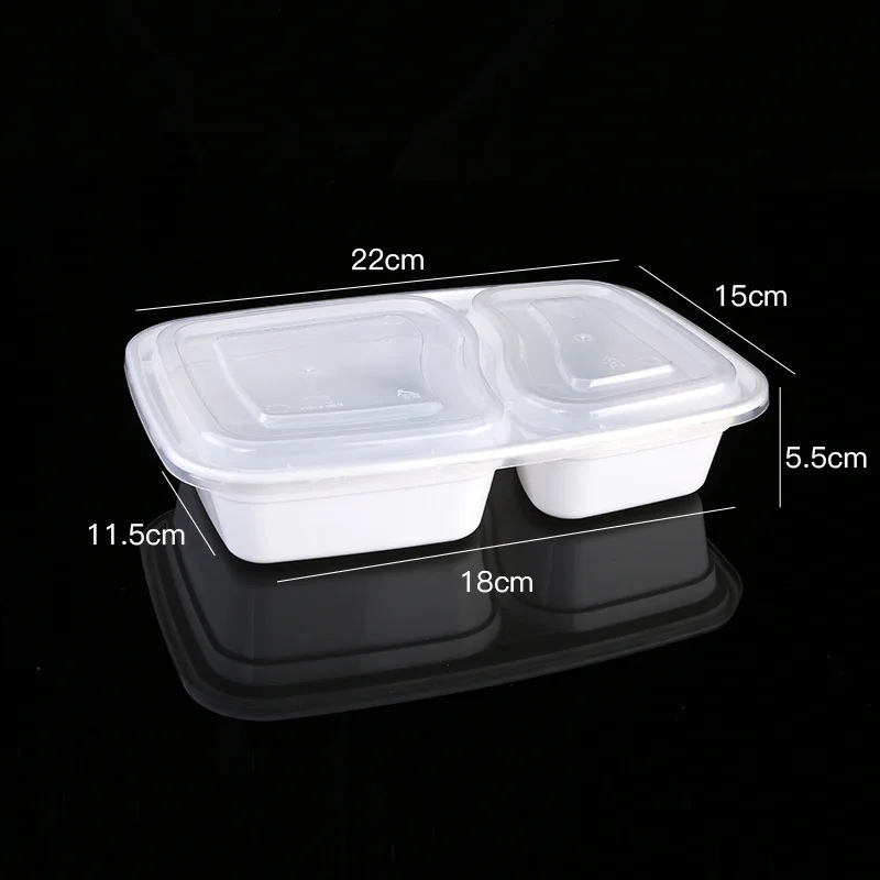 Wholesale one-off thickened  two grid PP Lunch Box take out packing box rectangular lunch box