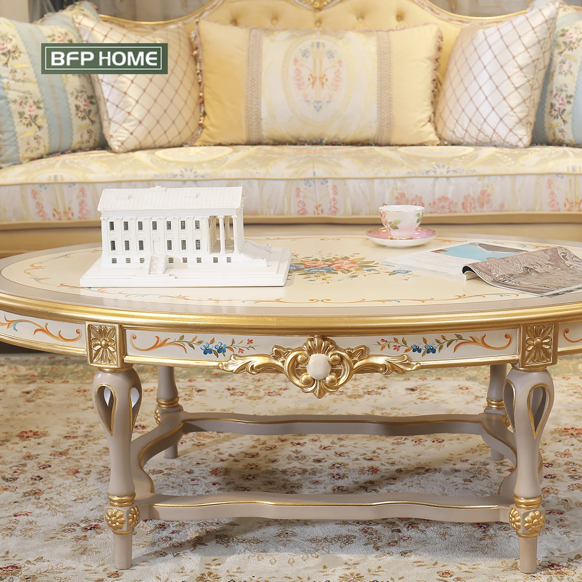 BFP HOME French Luxury Style High-end Sofa Classical Living Room Sofa Set with Gold/Silver paint Solid wood furniture