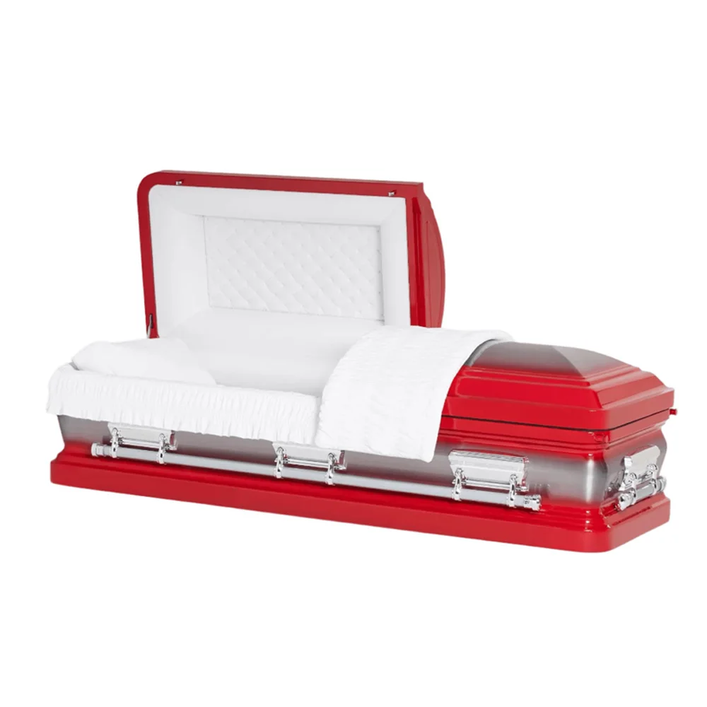 Американский металлический гроб из стали 18 калибра оптовая продажа отделка красным брашированным покрытием с распашной ручкой бархатный внутренний отдел